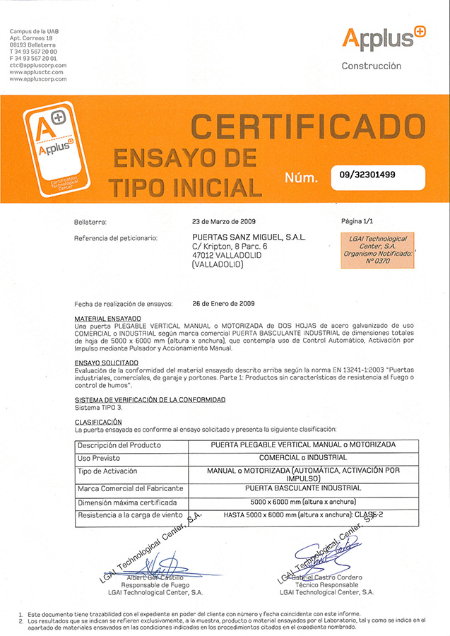 Certificado Ensayo_ puerta plegable vertical_industrial